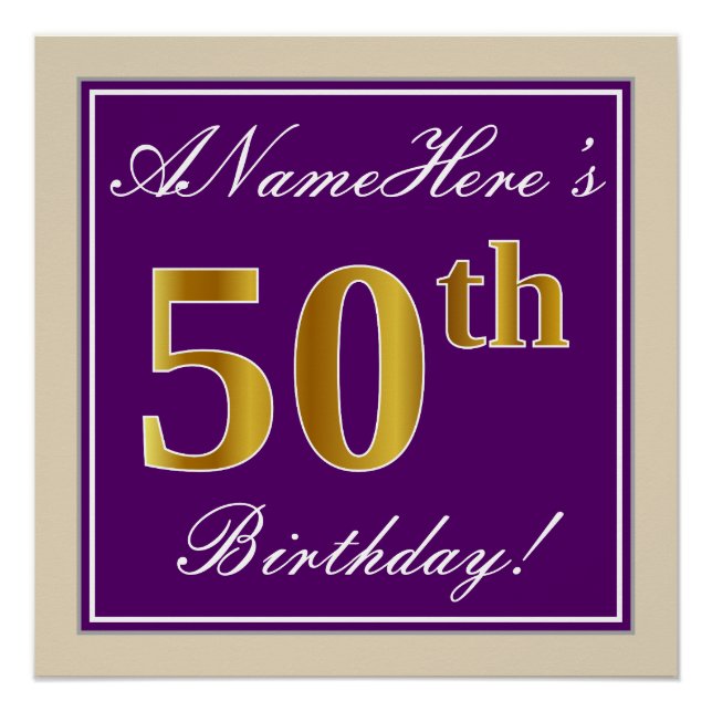 Póster Elegante, Roxo, Faux Dourado 50º Aniversário + Nom (Frente)