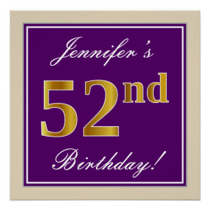 Póster Elegante, Roxo, Faux Dourado 52º Aniversário + N
