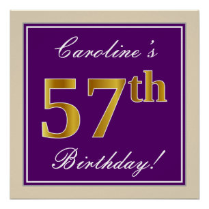 Póster Elegante, Roxo, Faux Dourado 57º Aniversário + Nom