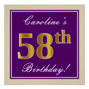 Póster Elegante, Roxo, Faux Dourado 58º Aniversário + N