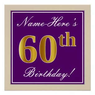 Póster Elegante, Roxo, Faux Dourado 60º Aniversário + N