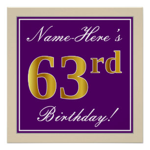 Póster Elegante, Roxo, Faux Dourado 63º Aniversário + N