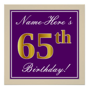 Póster Elegante, Roxo, Faux Dourado 65º Aniversário + N