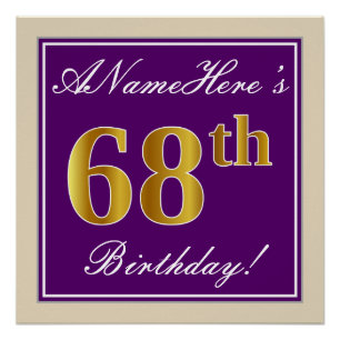 Póster Elegante, Roxo, Faux Dourado 68. Aniversário + No