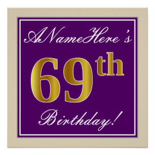 Póster Elegante, Roxo, Faux Dourado 69º Aniversário + Nom