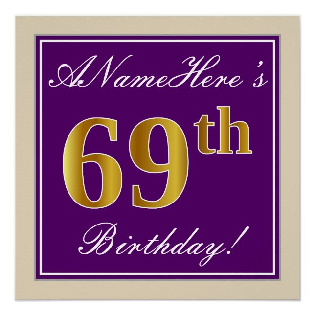 Póster Elegante, Roxo, Faux Dourado 69º Aniversário + Nom (Frente)