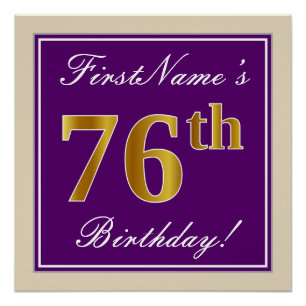 Póster Elegante, Roxo, Faux Dourado 76º Aniversário + Nom