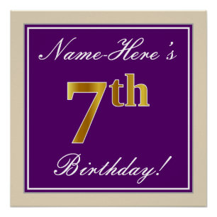 Póster Elegante, Roxo, Faux Dourado 7 Aniversário + Nome