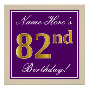 Póster Elegante, Roxo, Faux Dourado 82º Aniversário + N