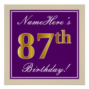Póster Elegante, Roxo, Faux Dourado 87º Aniversário + N