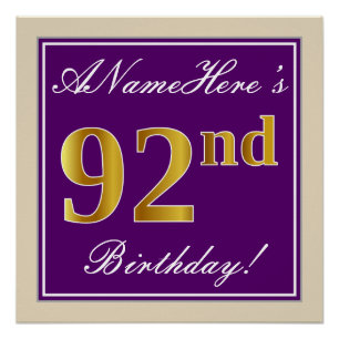 Póster Elegante, Roxo, Faux Dourado 92º Aniversário + Nom