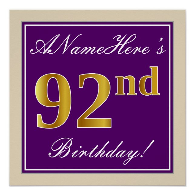 Póster Elegante, Roxo, Faux Dourado 92º Aniversário + Nom (Frente)