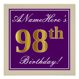 Póster Elegante, Roxo, Faux Dourado 98º Aniversário + Nom