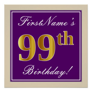 Póster Elegante, Roxo, Faux Dourado 99º Aniversário + N