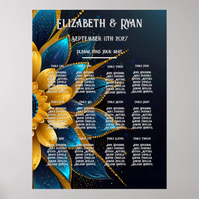 Poster Elegante Sapphire e Dourada Casamento Floral (Frente)