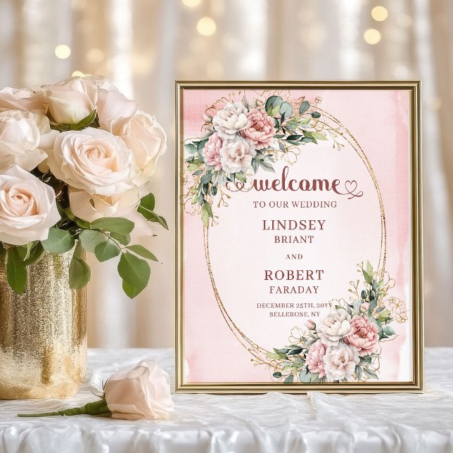 Poster Elegante Saudação de Casamento em Rosa Dourada com (Elegant Floral Greenery Rose Gold Wedding Welcome)