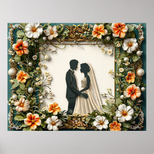 Poster Elegante Silhueta de Casamento com Decoração de Mo