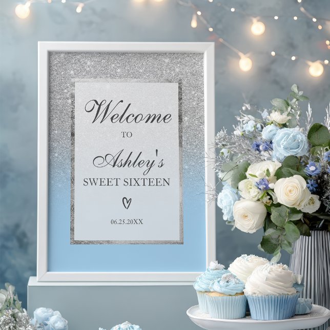 Poster Elegante Silver glitter ombre Blue Sweet 16 Boas-v (Elegant Silver glitter ombre Blue Sweet 16 Welcome Poster)