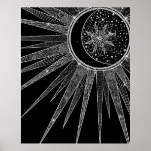 Poster Elegante Silver Sun Moon Mandala Black Design