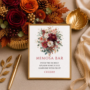 Poster Elegante sinal de bar de mimosa boho floral burgun