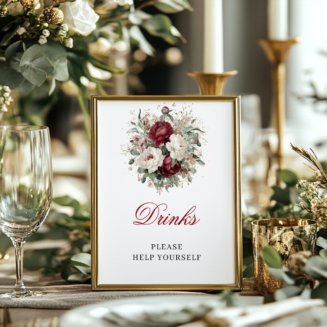 Poster Elegante Sinal de Bebidas em Tons de Rosa e Borgon (Elegant Blush Burgundy Drinks 8x10 Sign for Bridal)