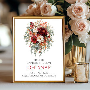 Poster Elegante Sinal de Casamento Floral Borgonha Oh Sna