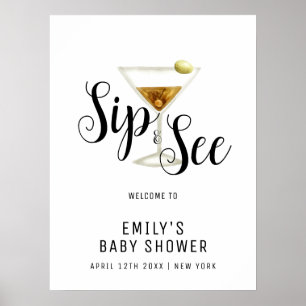 Poster Elegante Sip & See Martini Chá de fraldas Welcome