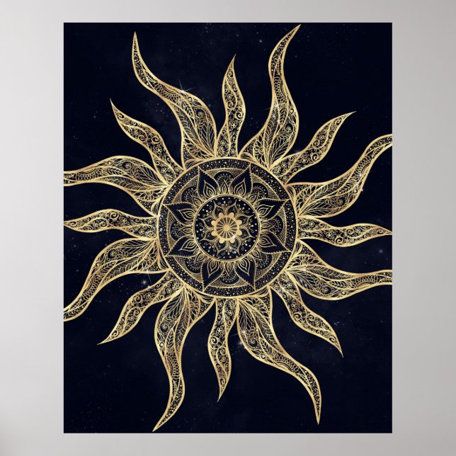 Poster Elegante Sol Dourado Mandala Blue Nebula Design (Frente)