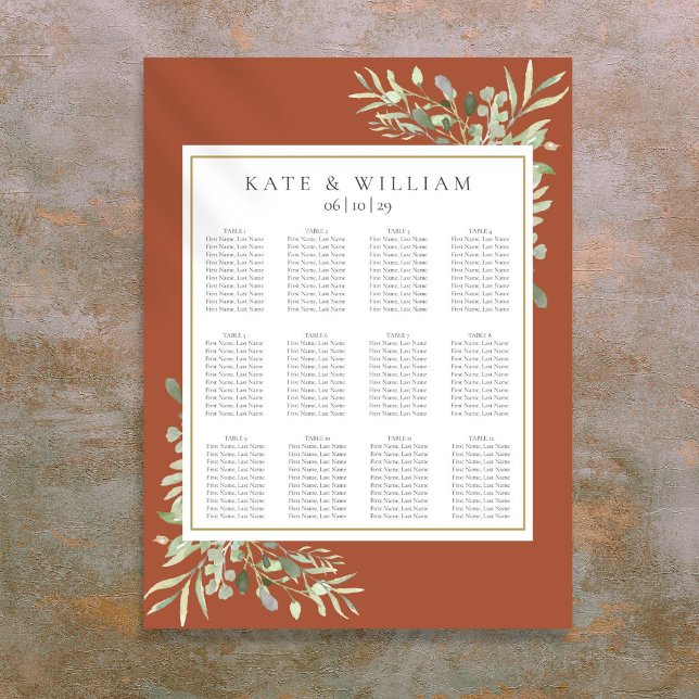 Poster Elegante Terracotta Greenery Casamento Gráfico (Elegant Terracotta Greenery Wedding Seating Chart)