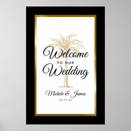 Poster Elegante Tropical Dourada Palm Tree Weding Bem-vin