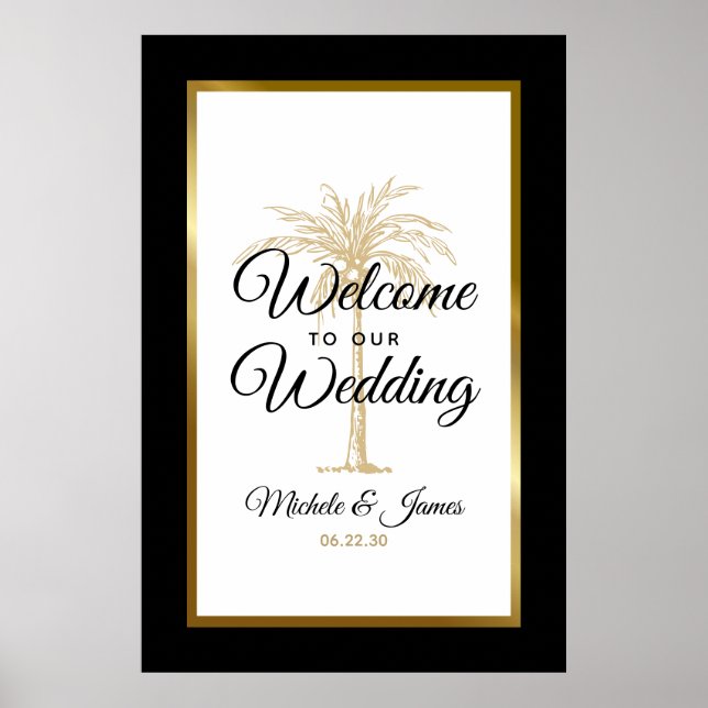 Poster Elegante Tropical Dourada Palm Tree Weding Bem-vin (Frente)