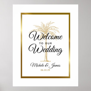 Poster Elegante Tropical Dourada Palm Tree Weding Bem-vin