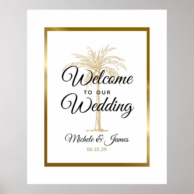 Poster Elegante Tropical Dourada Palm Tree Weding Bem-vin (Frente)