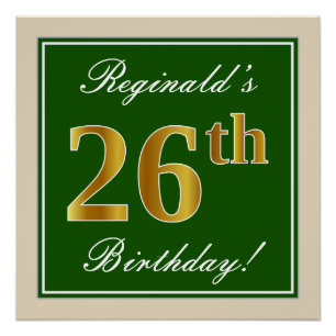 Póster Elegante, Verde, Dourado Falso Aniversário de 26 a