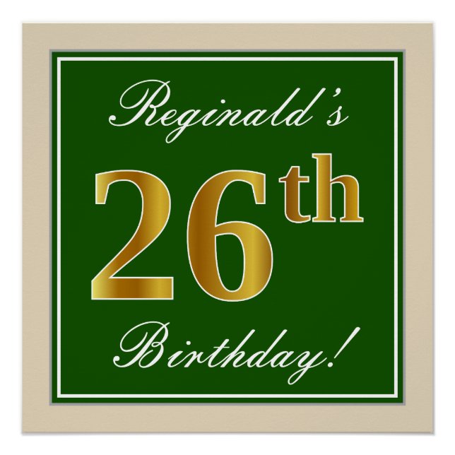 Póster Elegante, Verde, Dourado Falso Aniversário de 26 a (Frente)