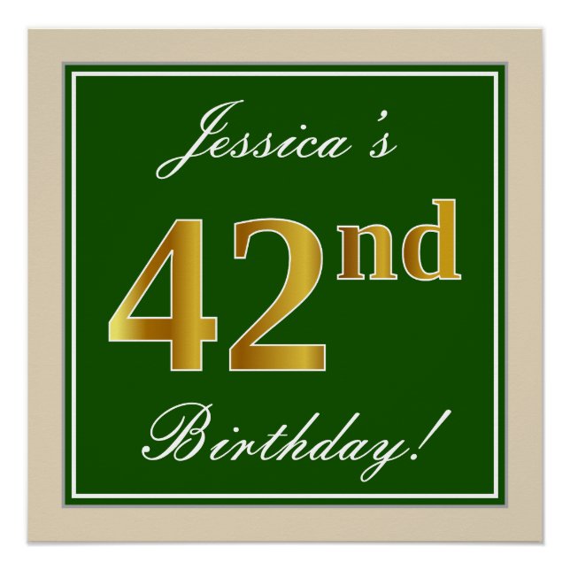 Póster Elegante, Verde, Falso Dourado Aniversário de 42 a (Frente)