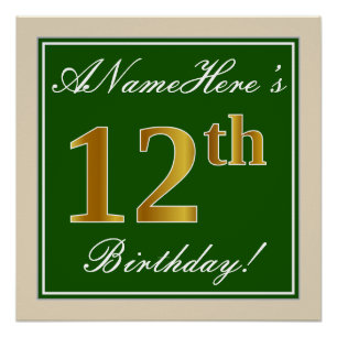 Póster Elegante, Verde, Faux Dourada 12 Aniversário + No