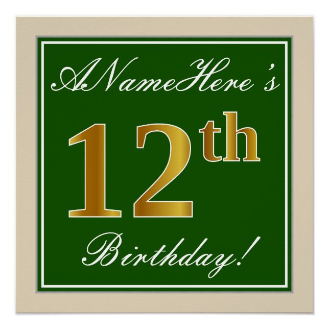 Póster Elegante, Verde, Faux Dourada 12 Aniversário + Nom (Frente)