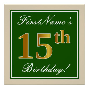 Póster Elegante, Verde, Faux Dourada 15 Aniversário + Nom