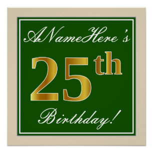 Póster Elegante, Verde, Faux Dourada 25 Aniversário + Nom