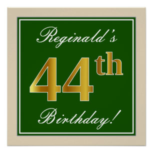 Póster Elegante, Verde, Faux Dourada 44 Aniversário + No
