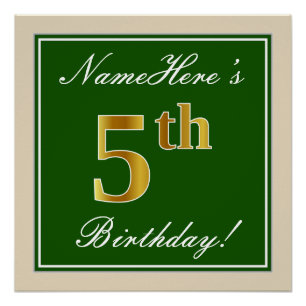 Póster Elegante, Verde, Faux Dourada 5 Aniversário + Nom