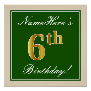 Póster Elegante, Verde, Faux Dourada 6 Aniversário + Nom