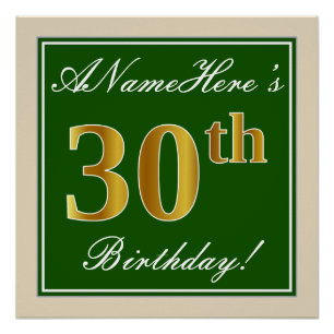 Póster Elegante, Verde, Faux Dourada aniversário de 30 a