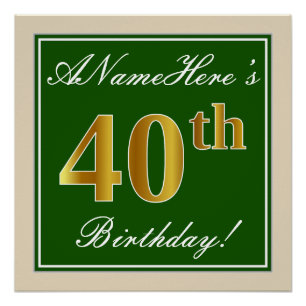 Póster Elegante, Verde, Faux Dourada aniversário de 40 a