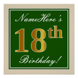 Póster Elegante, Verde, Faux Dourado 18º Aniversário + 