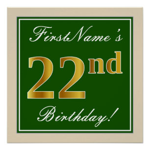 Póster Elegante, Verde, Faux Dourado 22º Aniversário + 