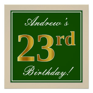 Póster Elegante, Verde, Faux Dourado 23º Aniversário + 