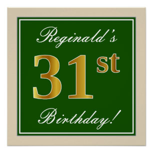 Póster Elegante, Verde, Faux Dourado 31º Aniversário + 