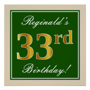 Póster Elegante, Verde, Faux Dourado 33º Aniversário + 